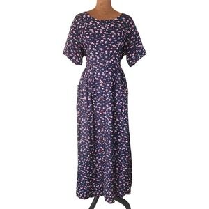 Vintage Fiber Optics Button Down Dress 90s Cottagecore Prairie Tie Back Floral M